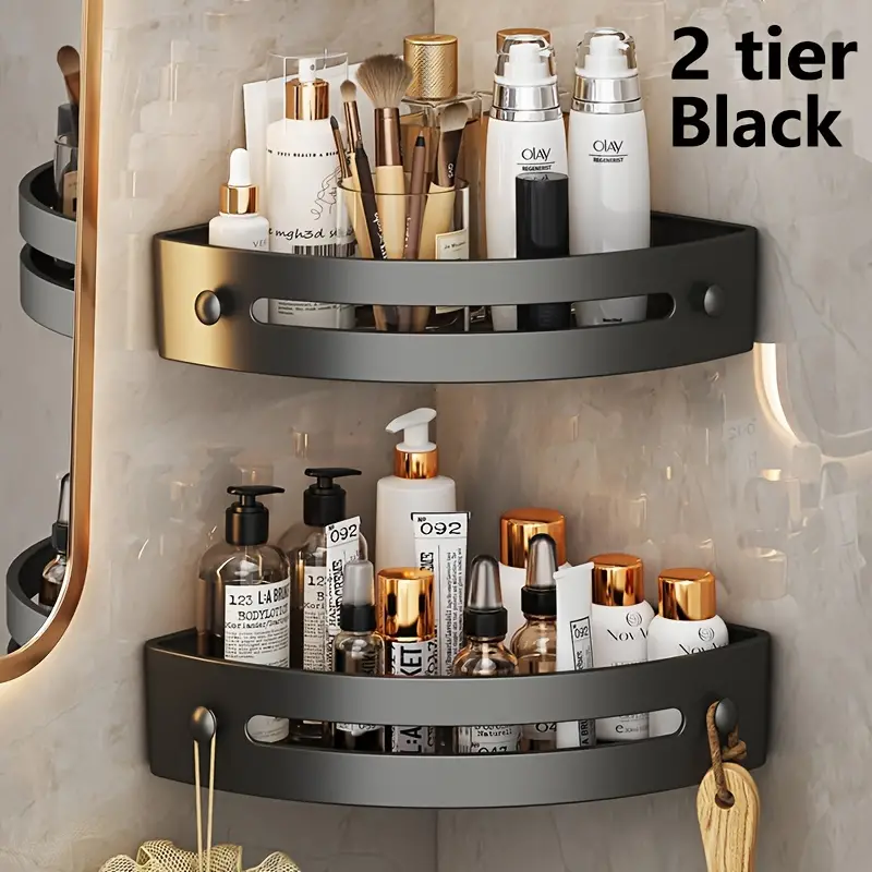2er-Pack Eck-Duschregal, selbstklebende Duschablage ohne Bohren, rostfreier Badezimmer-Dusch-Organizer, Wandmontage mit 2 Haken, Schwarz
