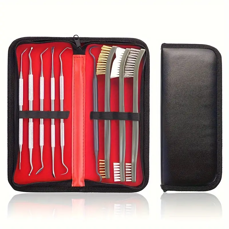 9-teiliges Reinigungsbürstenset mit doppelseitigen Picks, weichen Nylon- und Metallbürsten